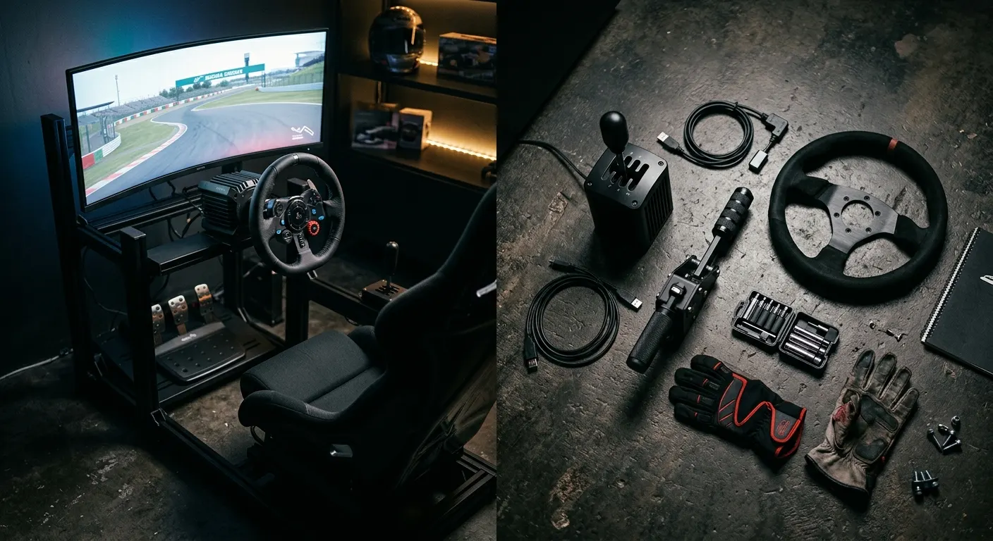 Affordable sim racing accessories beside a cockpit rig