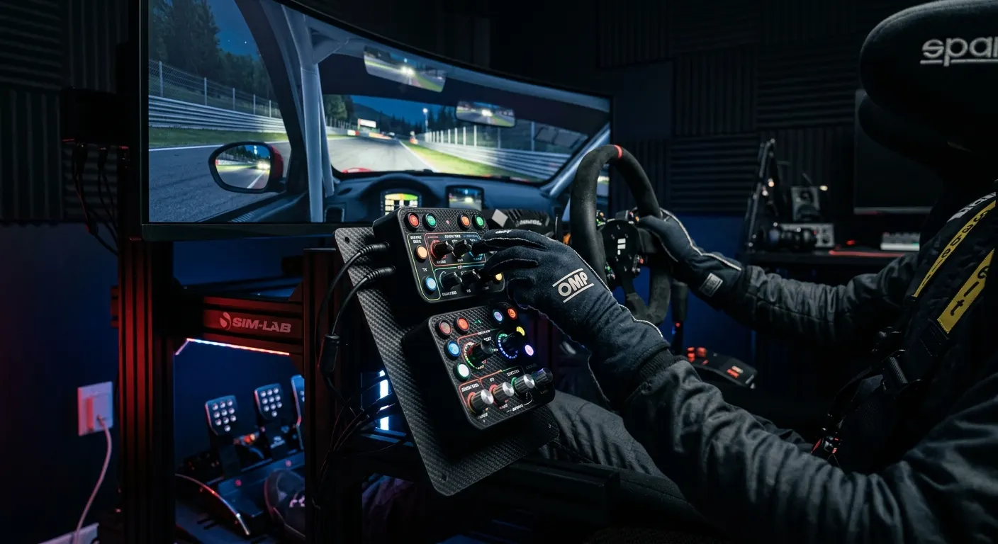 Sim racing button box panel mounted on a cockpit rig