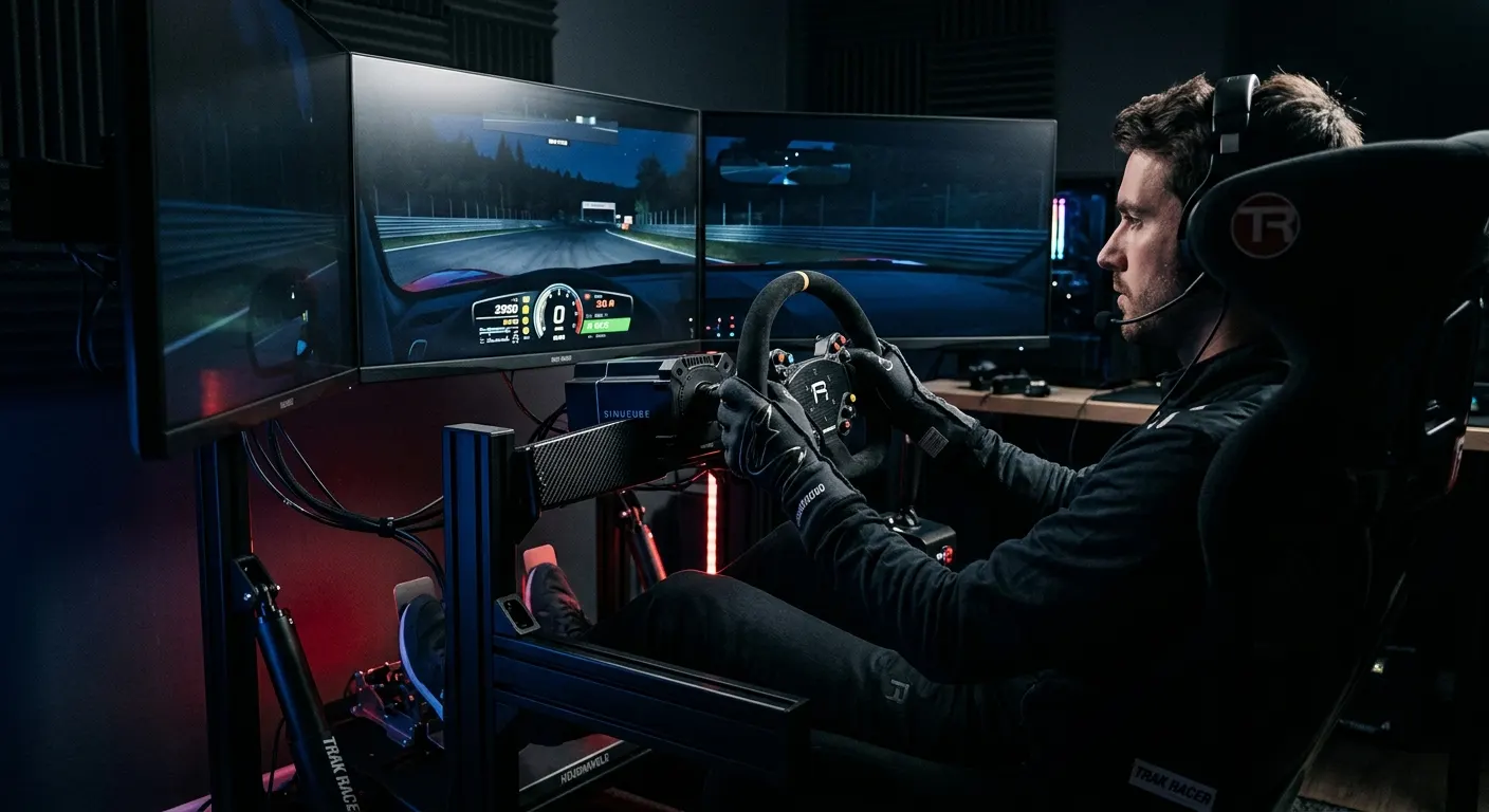 Driver in a full motion sim racing cockpit with wraparound screens