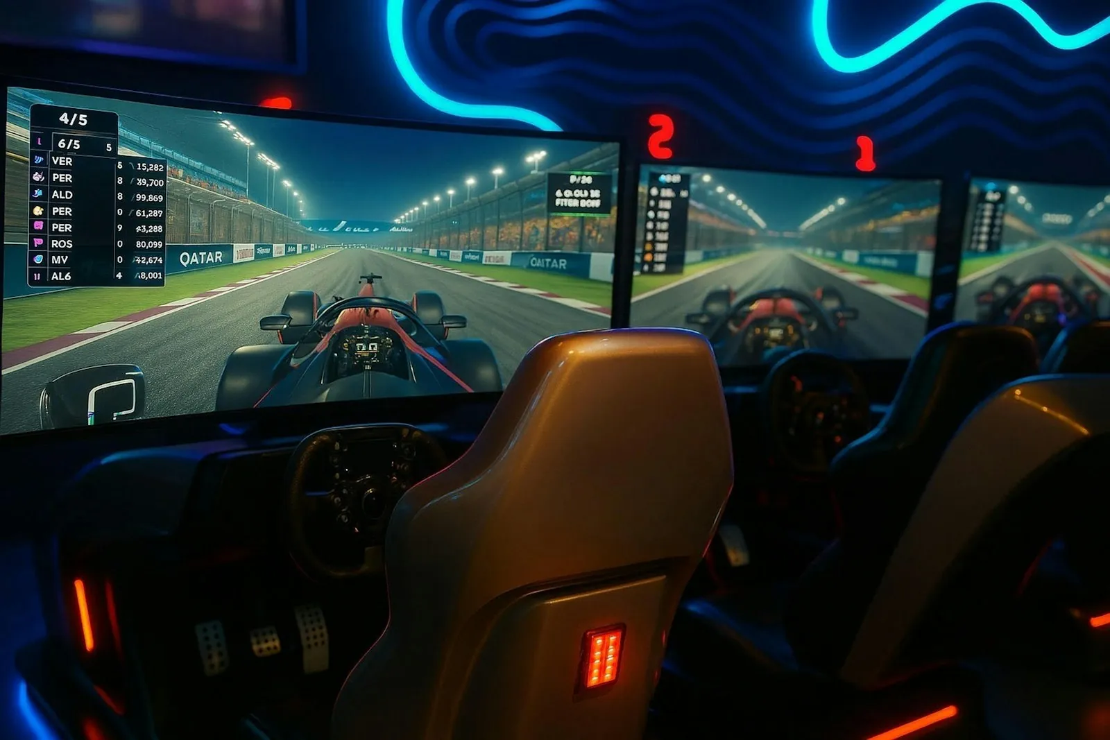 Row of racing simulator cockpits with curved displays